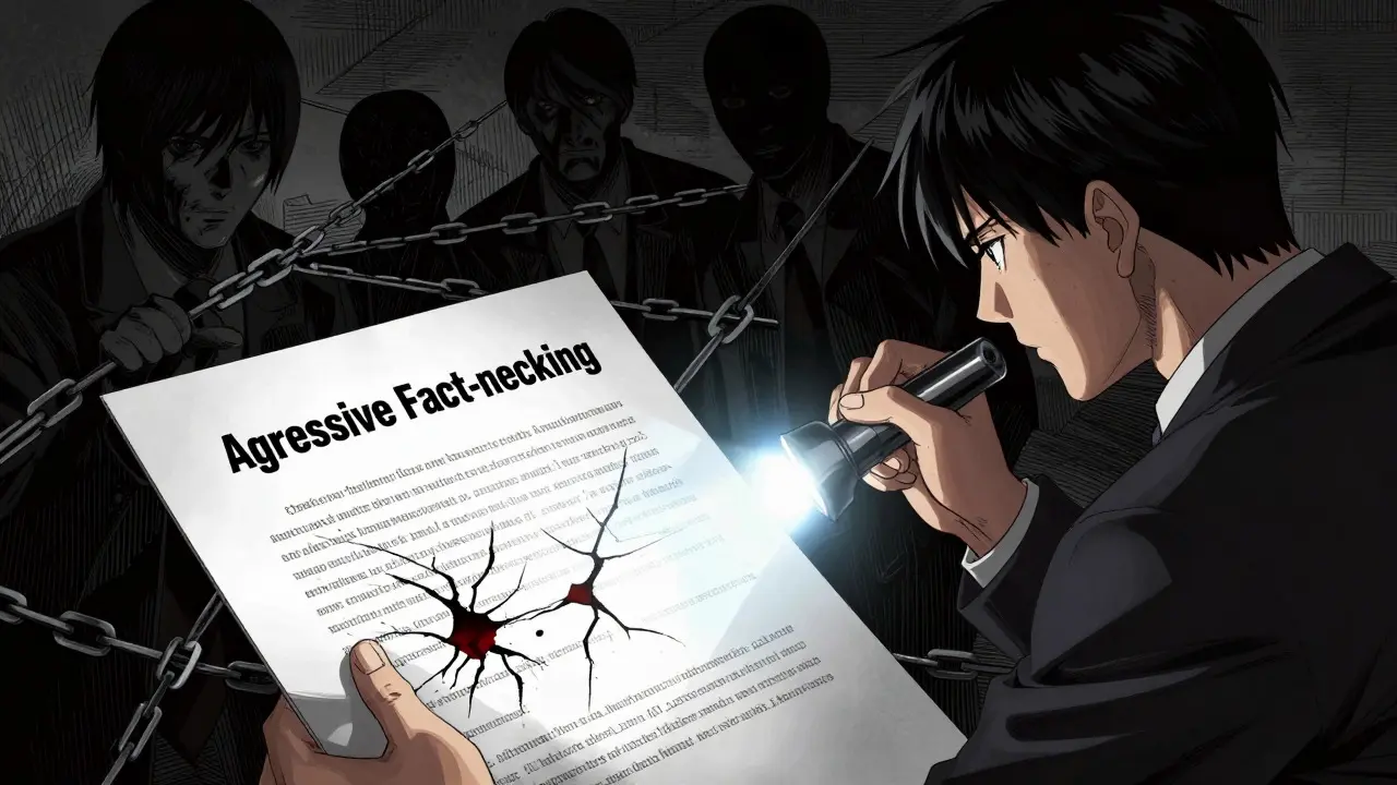 Noir-style Gekiga illustration of fact-checking AI hallucinations