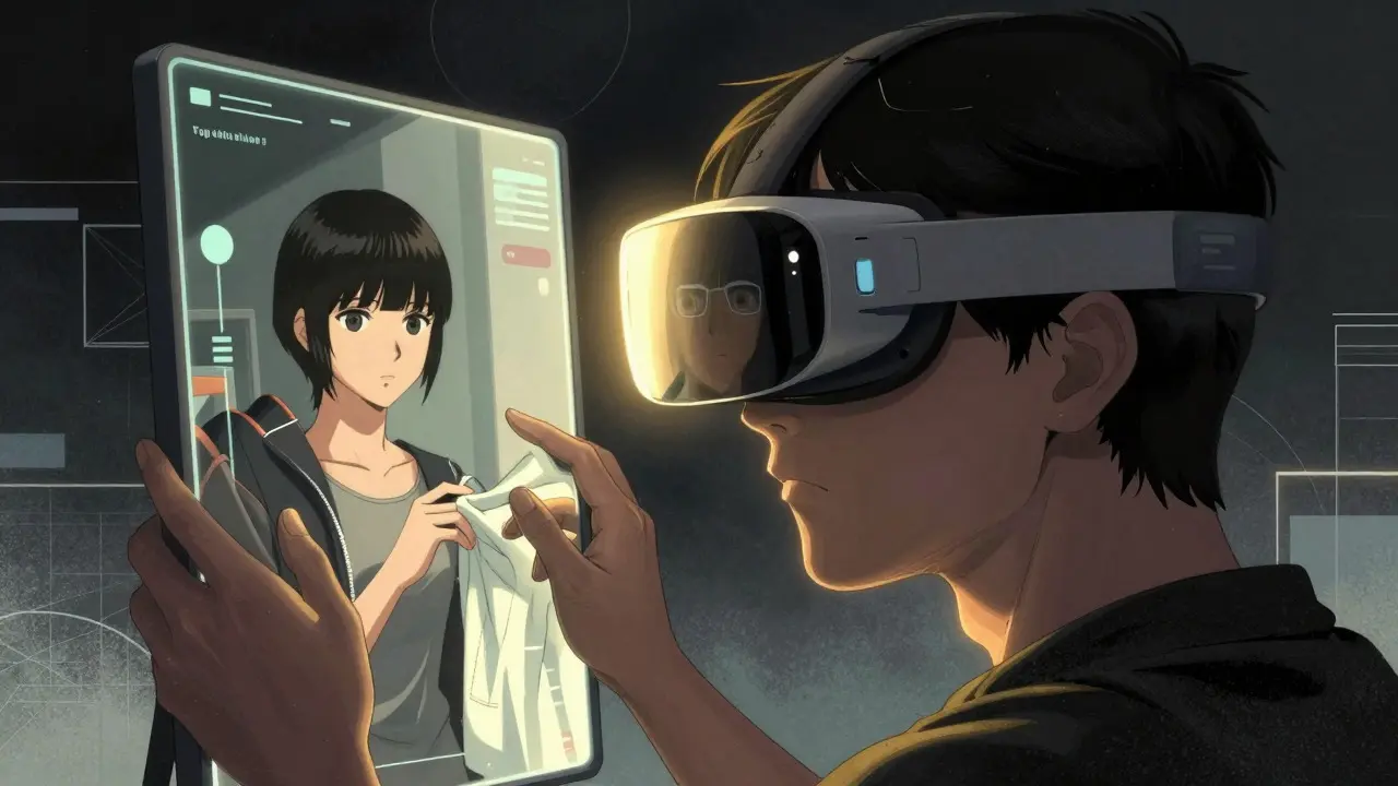 Person using AR glasses to see AI-generated fashion avatars