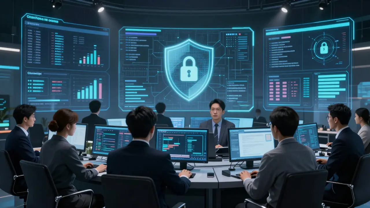 Professionals monitoring secure AI systems in Gekiga style