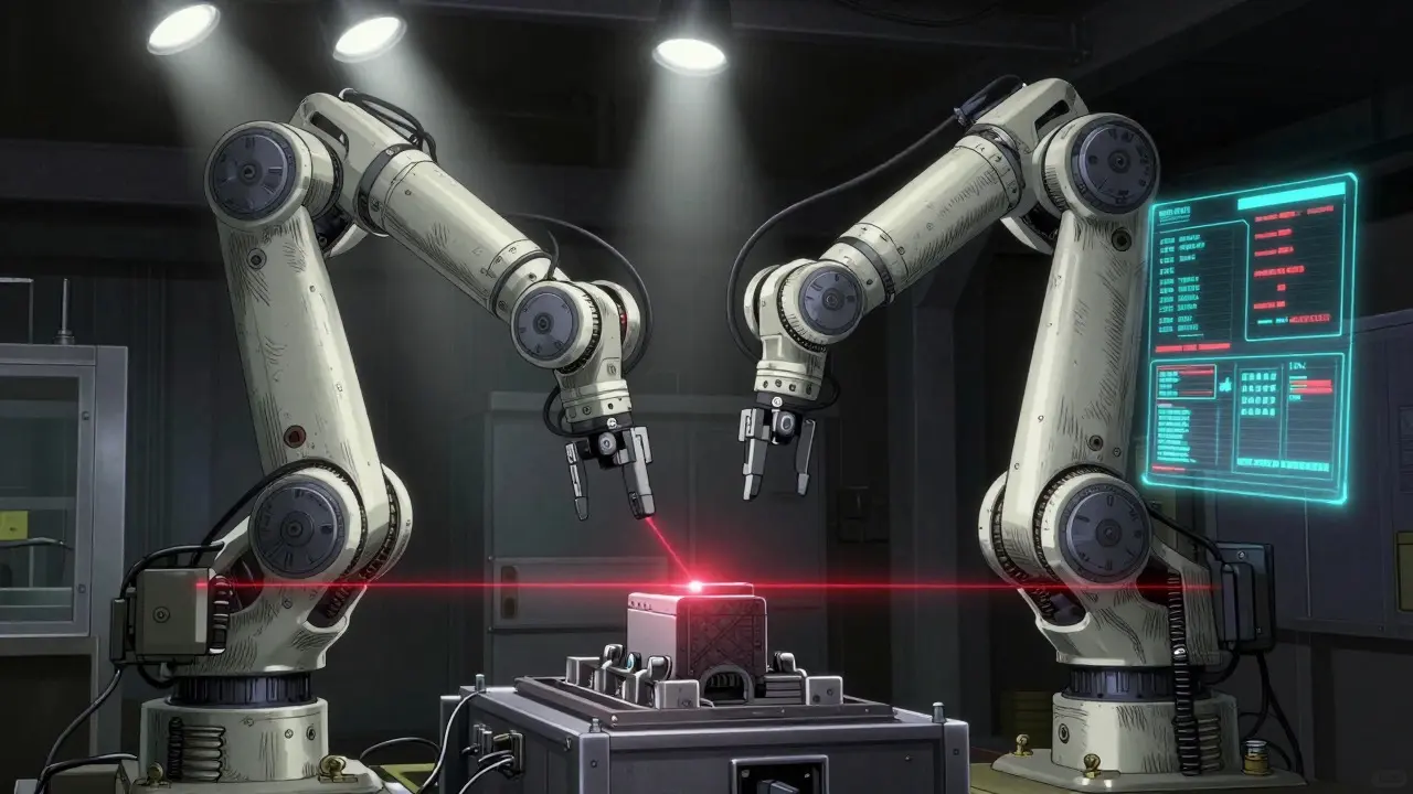 Robot arm inspecting products on an assembly line with holographic data