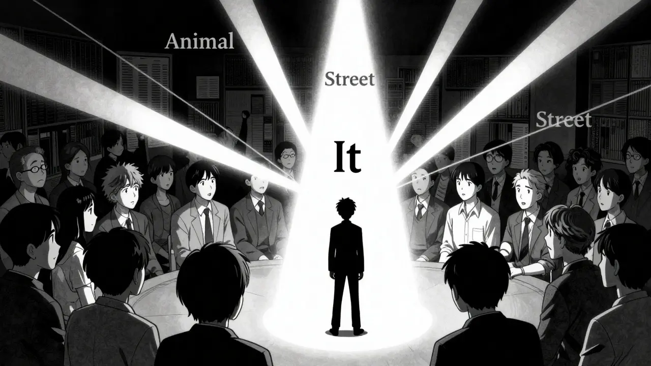 Self-attention mechanism linking pronouns to nouns illustrated in dramatic Gekiga manga art