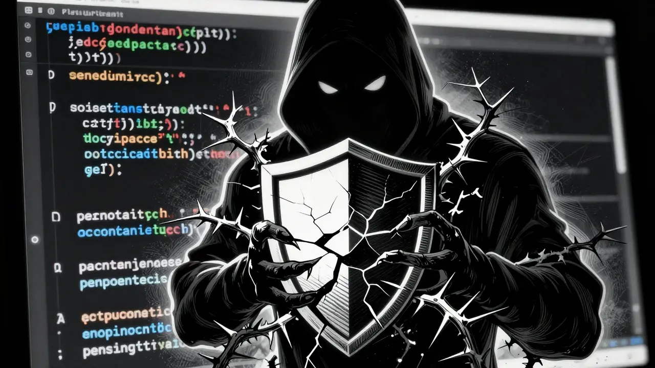 Shadowy threat emerging from code, symbolizing prompt injection security risks.