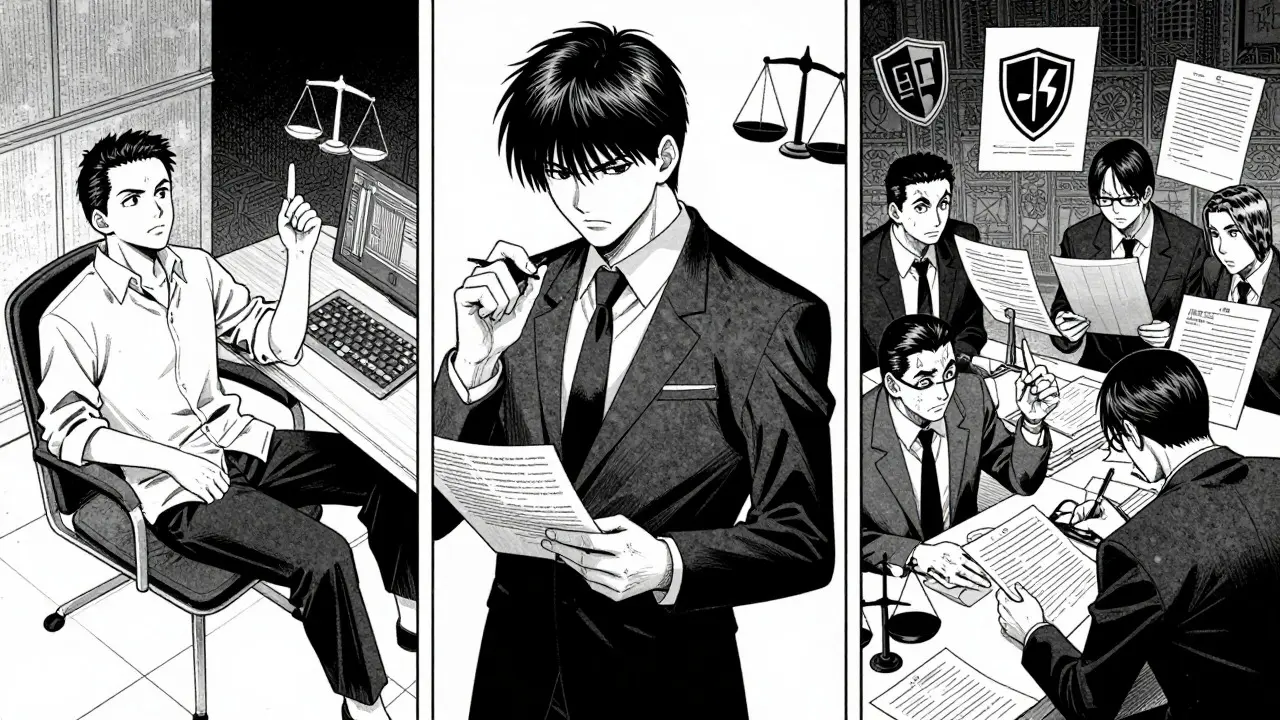 Split-panel manga art showing different levels of human review for low, medium, and high-risk AI outputs.
