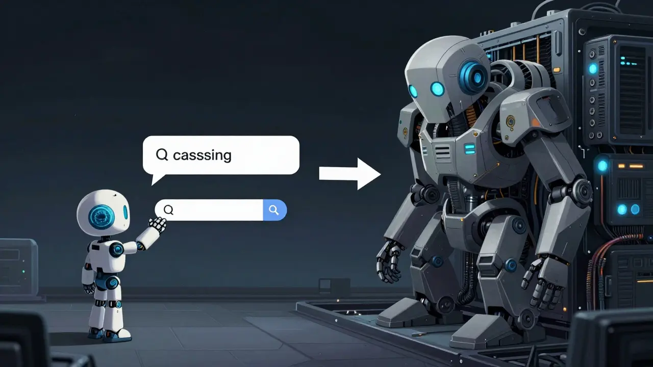 Split screen showing small robot handling easy tasks while large computer waits, illustrating model routing