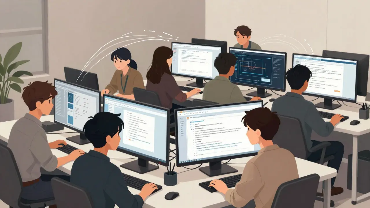 Team collaborating efficiently in modern workspace with dynamic action lines