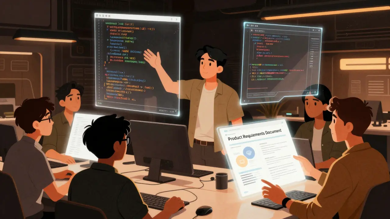 Team collaborating with AI agents on clean code in a stylized Gekiga office setting