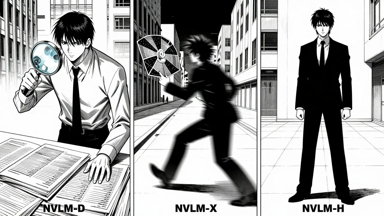 Three stylized figures representing different AI architectures in a manga panel