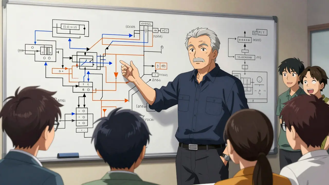 A senior engineer explaining architecture decisions to junior devs