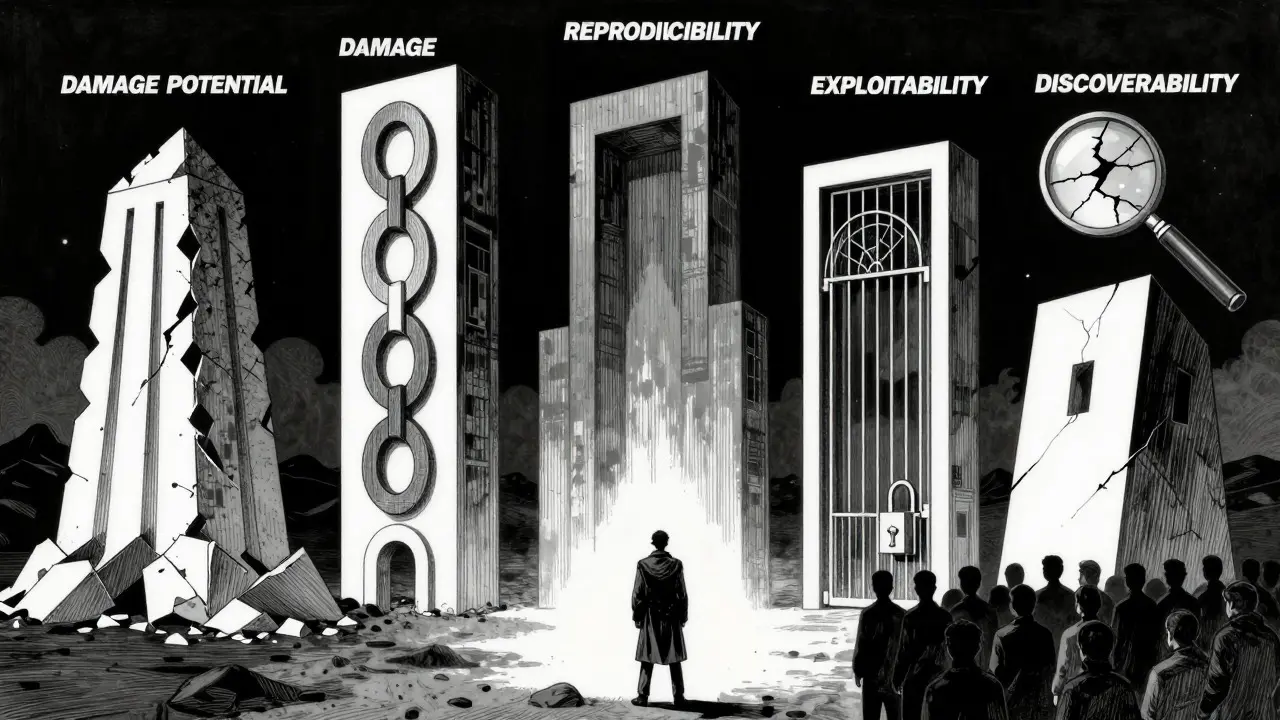 Abstract pillars representing five dimensions of AI risk assessment.