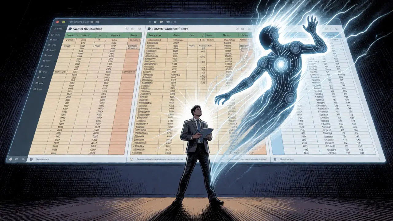 AI agent automating workflow integration for a business user in dynamic Gekiga art.