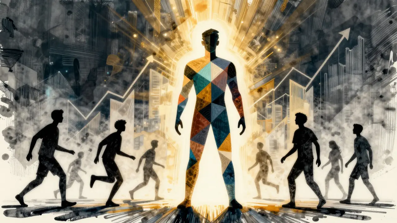 Central figure of diverse shapes glowing amidst rising ink strokes, symbolizing inclusive growth