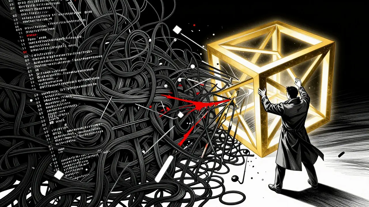 Conceptual battle between chaotic code and structured governance framework in Gekiga art