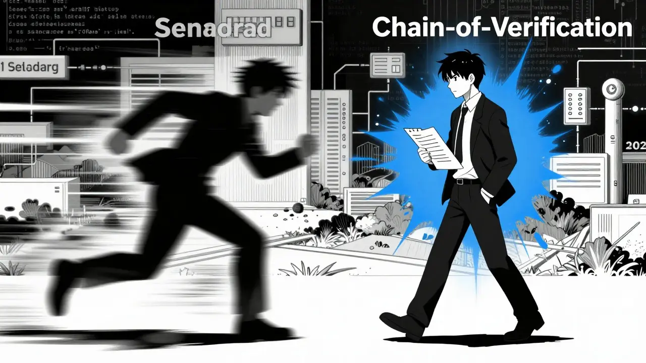 Contrast between fast careless AI and slow verified AI in Gekiga style