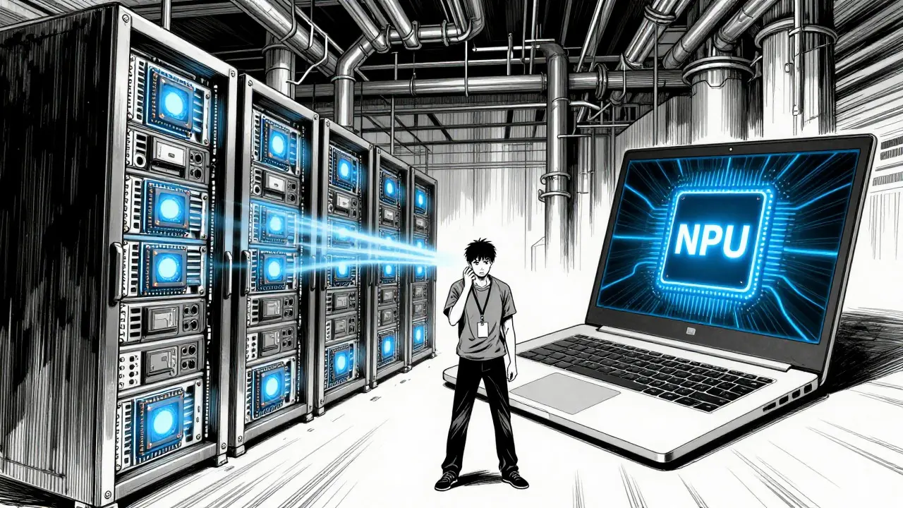 Contrast between massive GPU servers and efficient NPU laptops