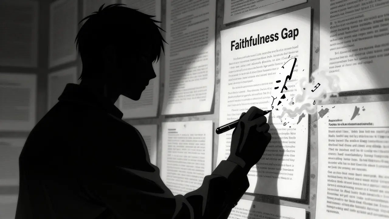 Dark anime illustration of an LLM writer struggling with faithfulness errors