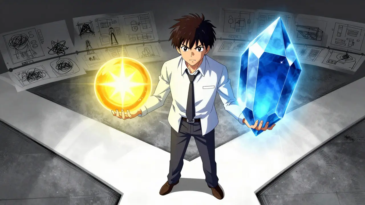Developer choosing between a junior spark and a senior crystal orb in a dramatic setting