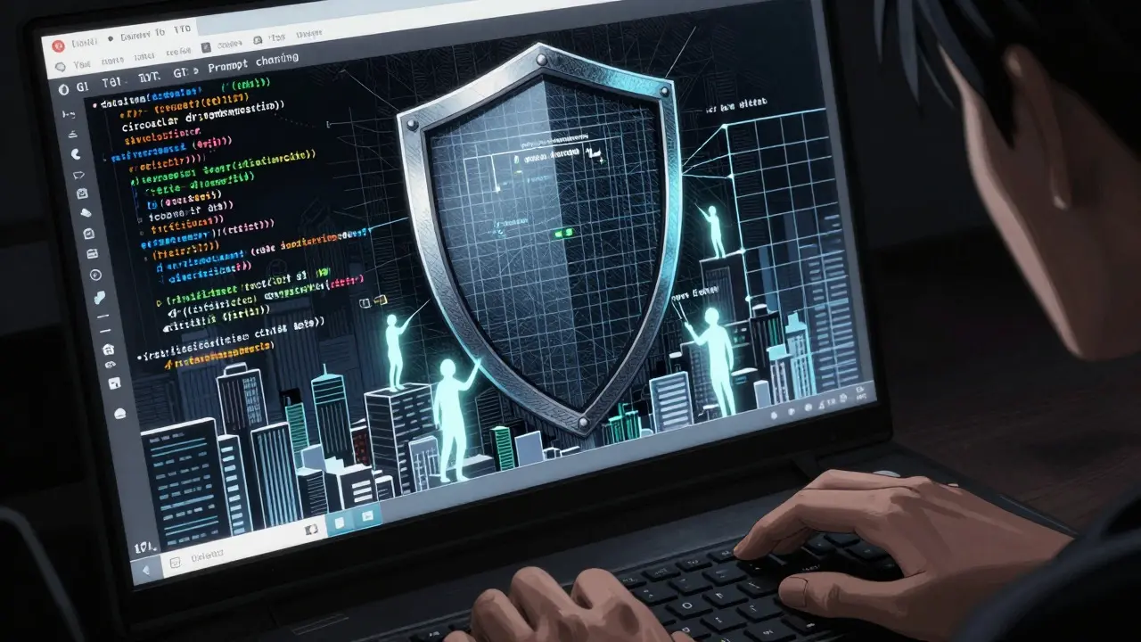 Developer guarding code blocks with a shield against circular dependency ghosts, Gekiga style.