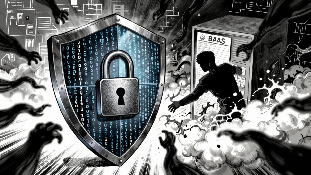 Digital shield protecting medical data from shadowy threats in manga style