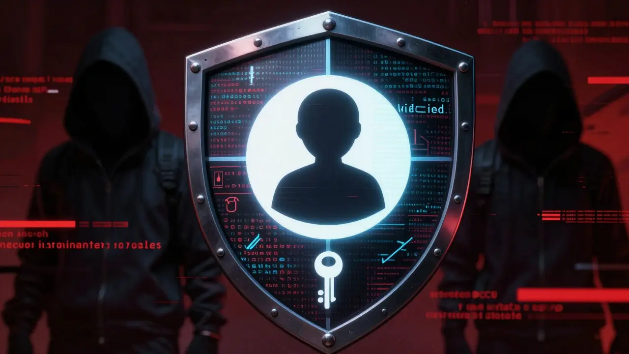 Digital shield protecting user data from hackers in a dramatic scene.