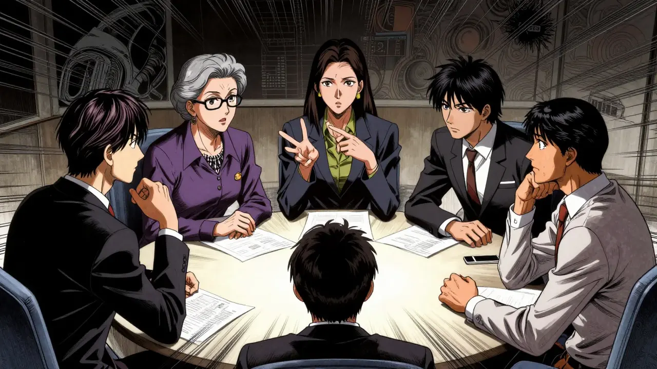 Diverse team members debating intensely in a dramatic manga-style meeting room
