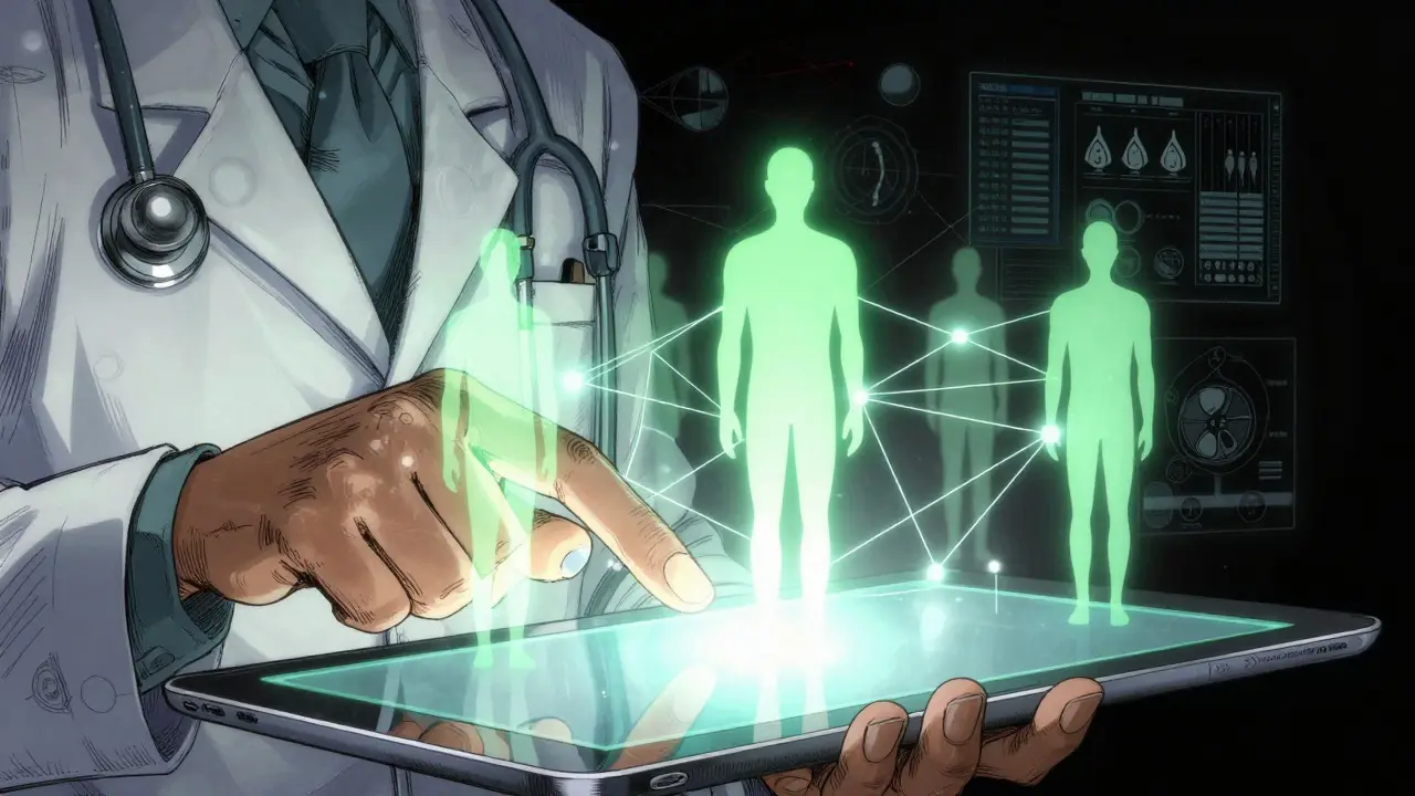 Doctor using AI to match patients via a glowing network