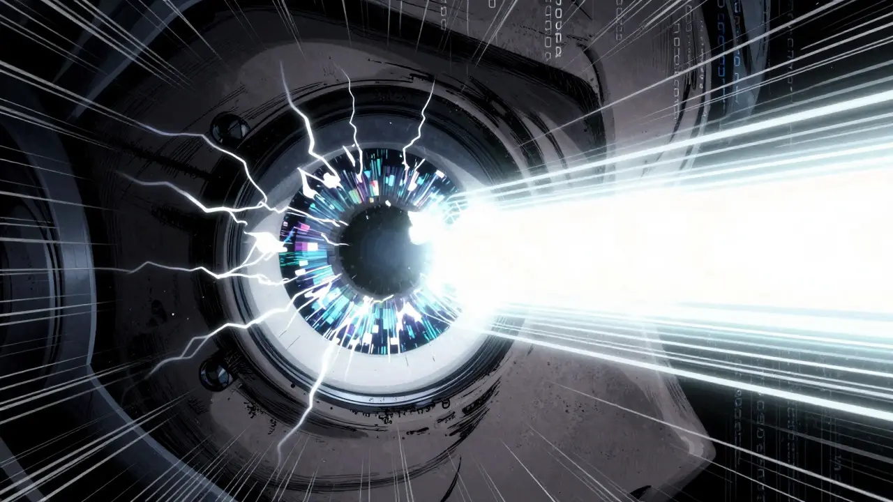 Dramatic Gekiga manga close-up of a mechanical eye analyzing stable vs unstable data streams