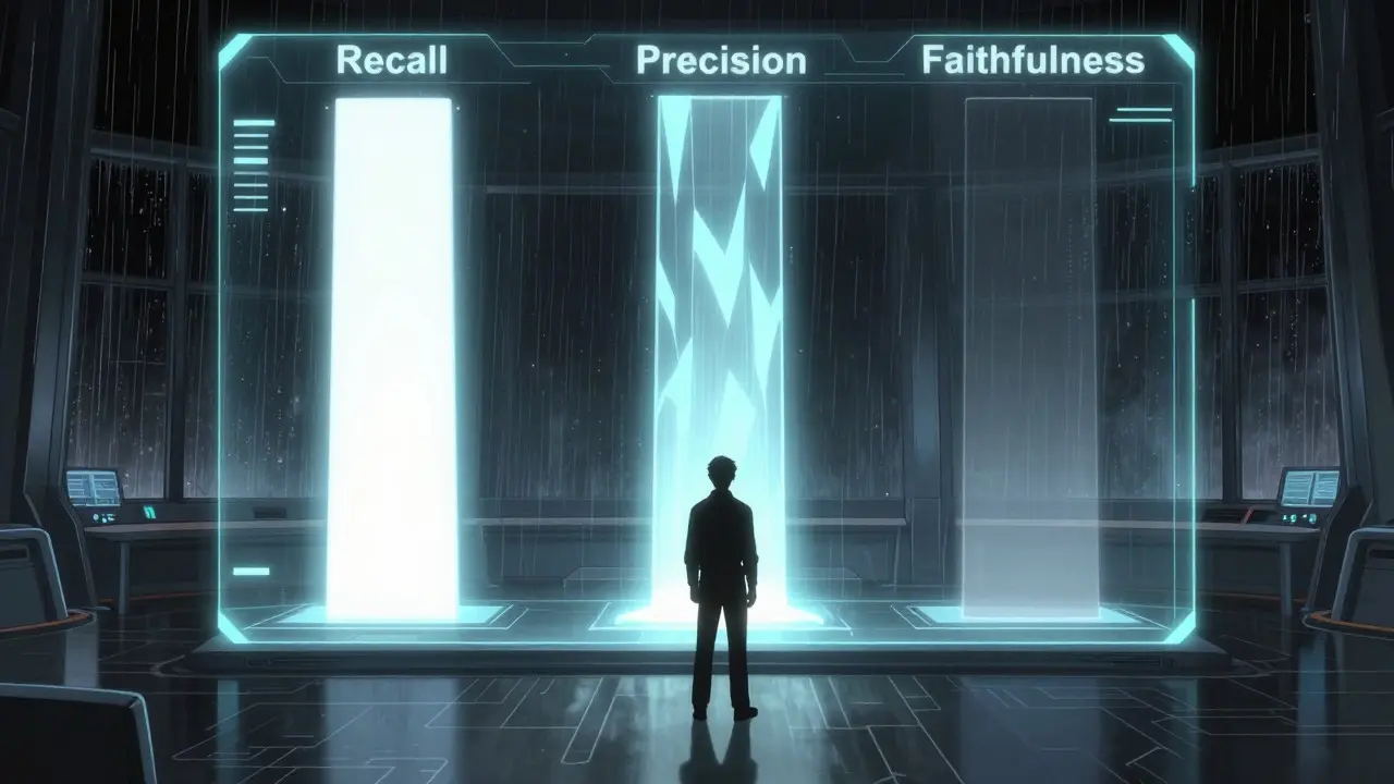 Engineer analyzing three glowing pillars representing RAG performance metrics