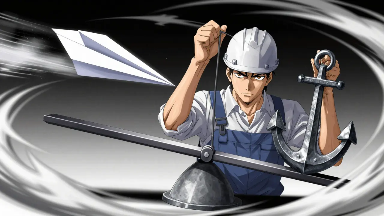 Engineer balancing a fragile paper plane against a heavy steel anchor on a scale