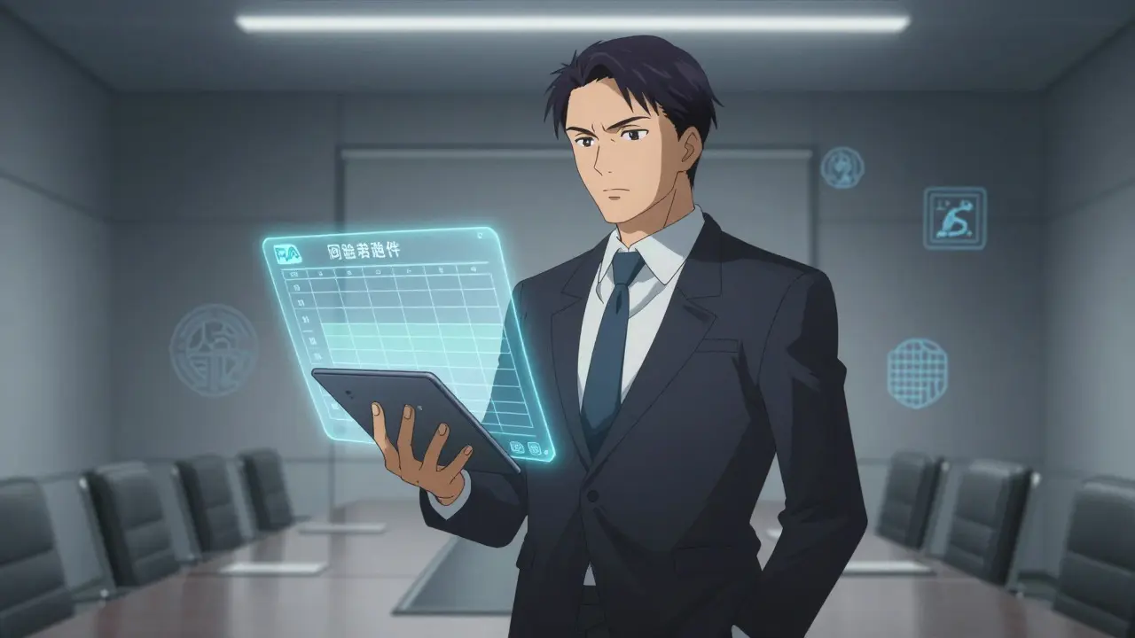 Executive holding tablet with holographic checklist in a boardroom