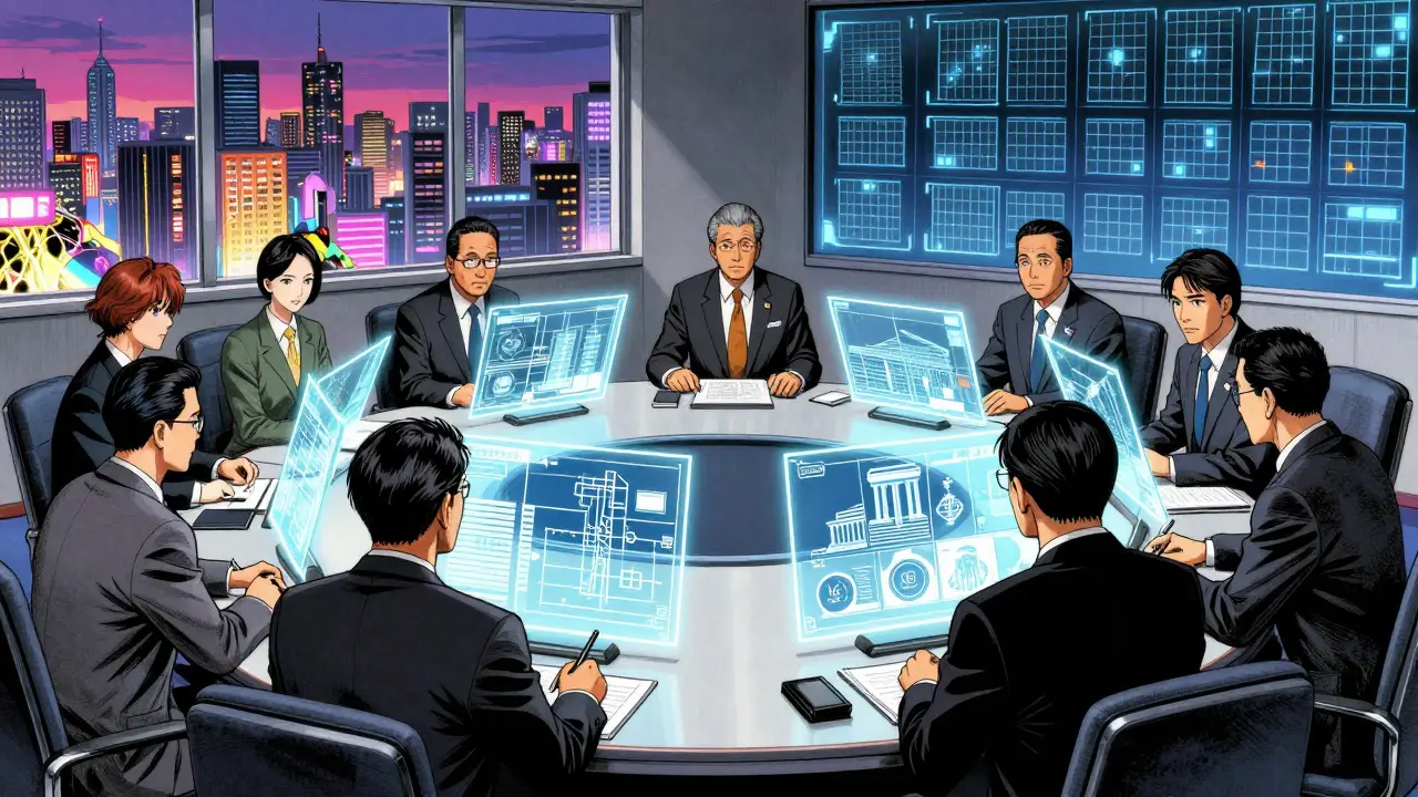 Executives reviewing clean architectural blueprints in a futuristic Gekiga-style boardroom