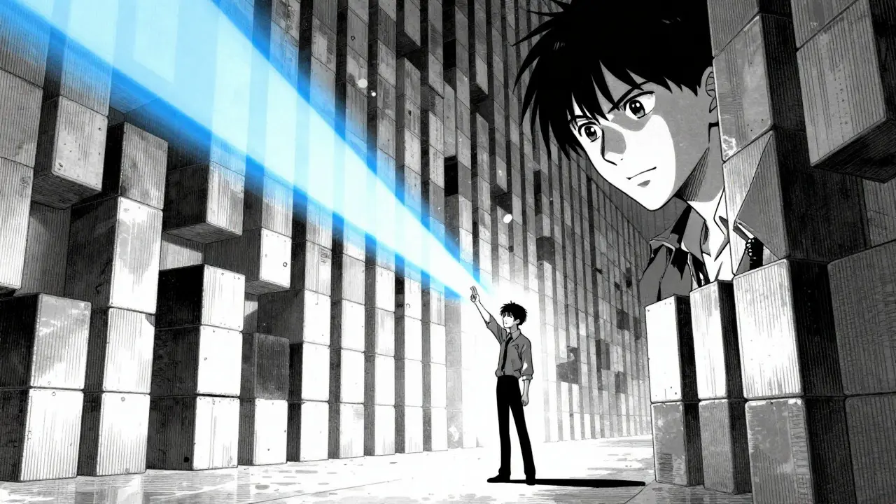 Gekiga-style anime of a developer directing a light beam through a massive wall of data