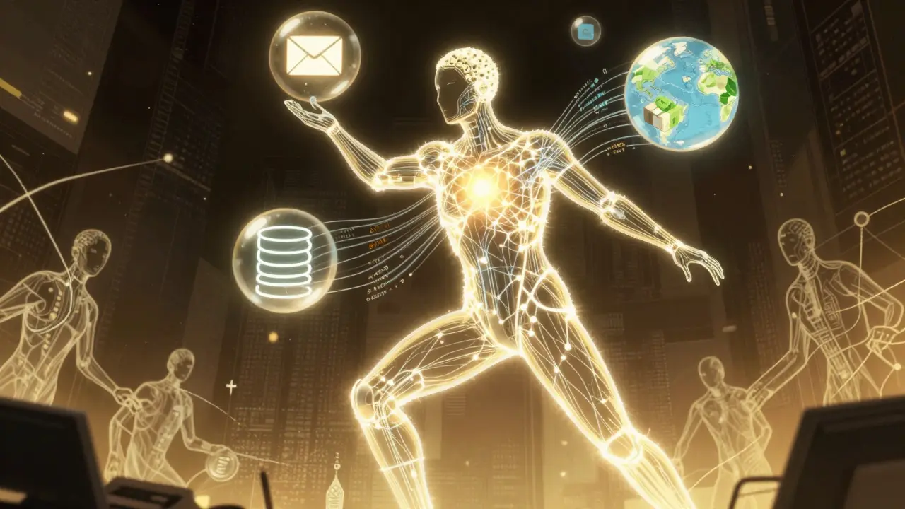 Gekiga-style anime of a glowing AI agent intelligently managing complex workflow tasks