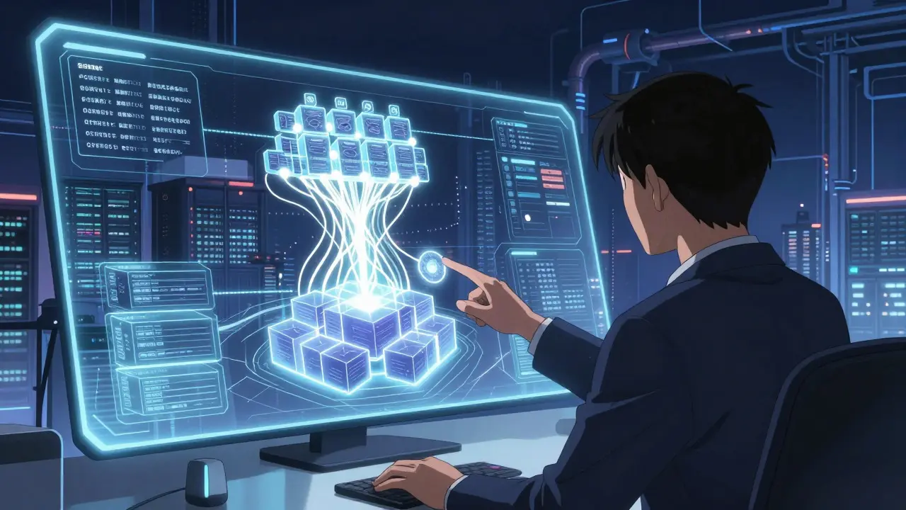 Gekiga-style anime of a human overseeing a hybrid AI and automated system dashboard