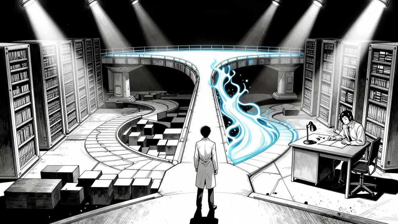 Gekiga style anime of a scientist choosing between separate and hybrid AI training paths