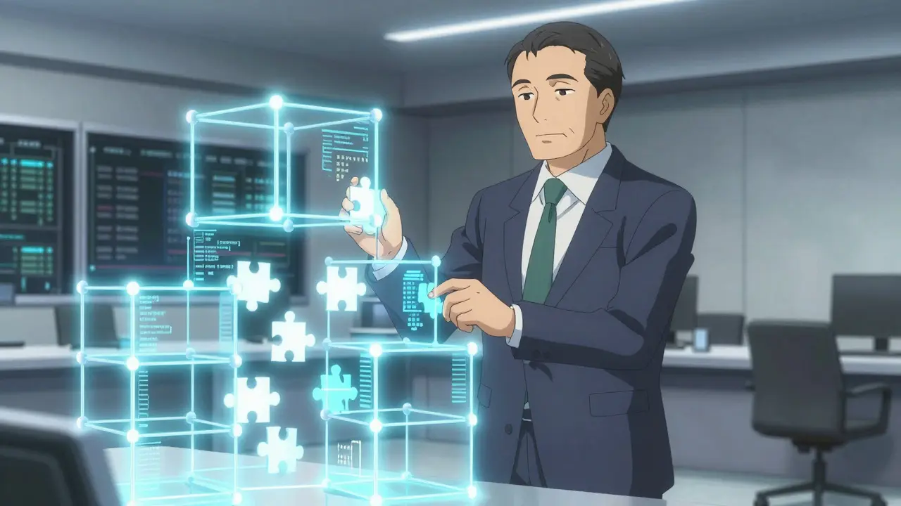 Gekiga style art of a senior architect managing a stable, modular blue light architecture