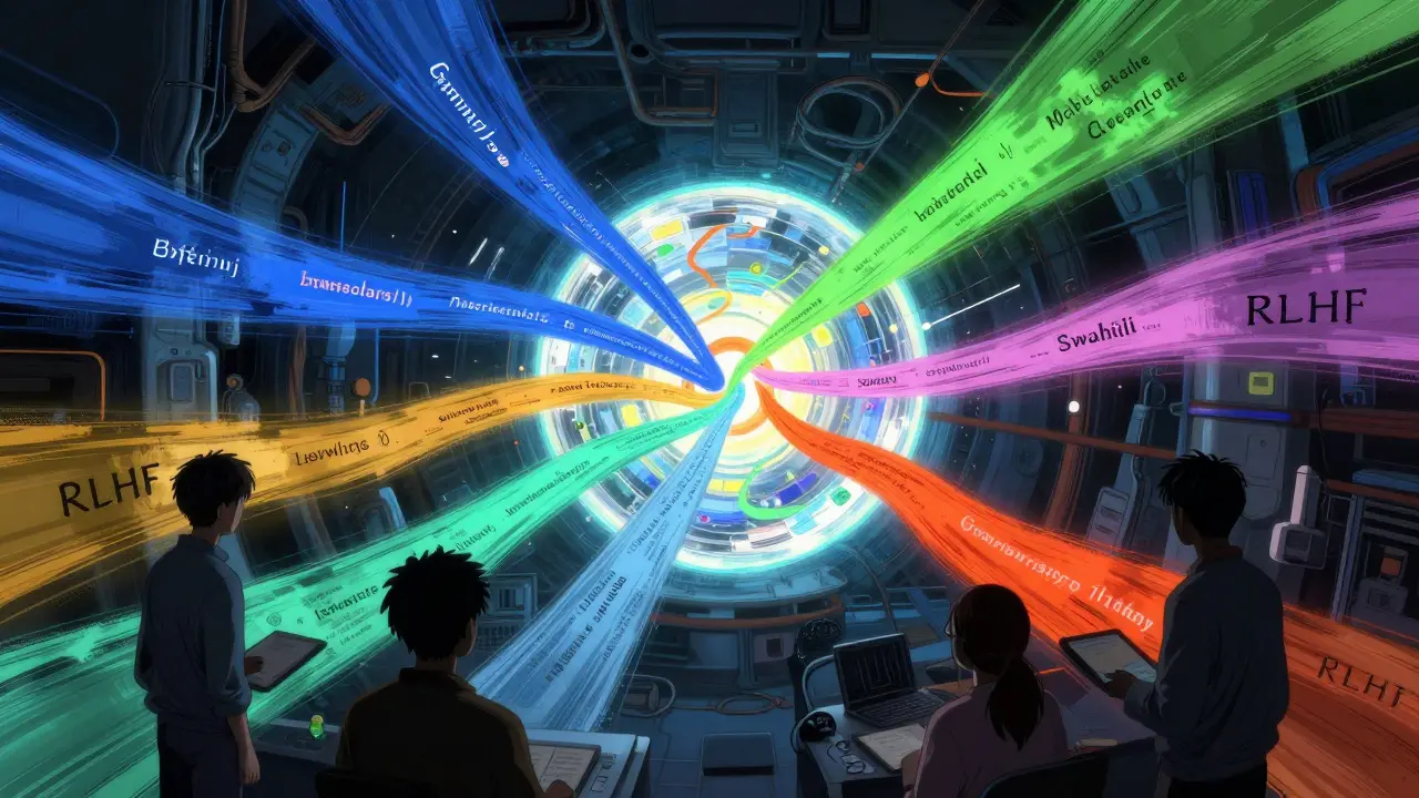 Gekiga-style illustration of colorful data streams merging into a central sphere with surrounding figures