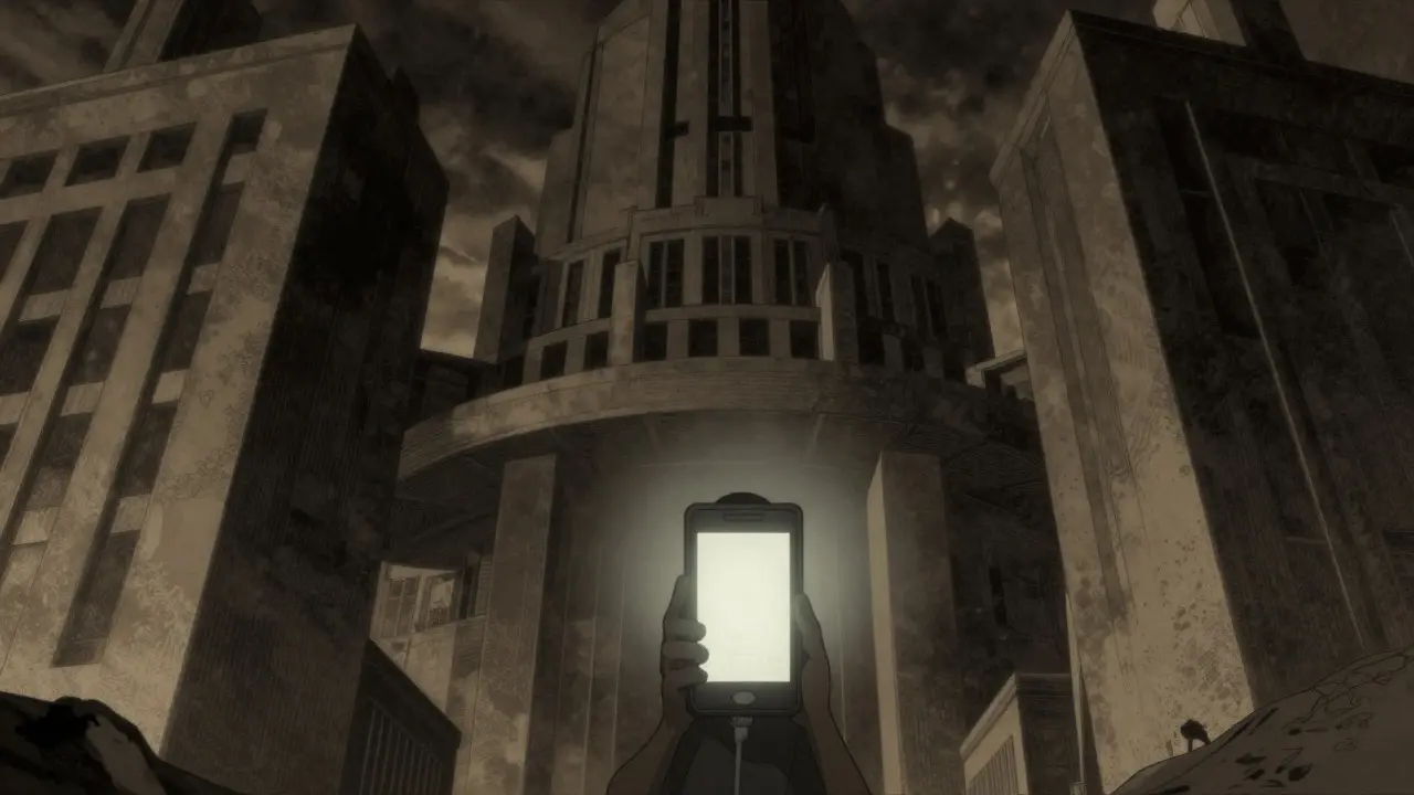 Gekiga-style scene of a small figure holding a glowing device under large, shadowy architectural structures
