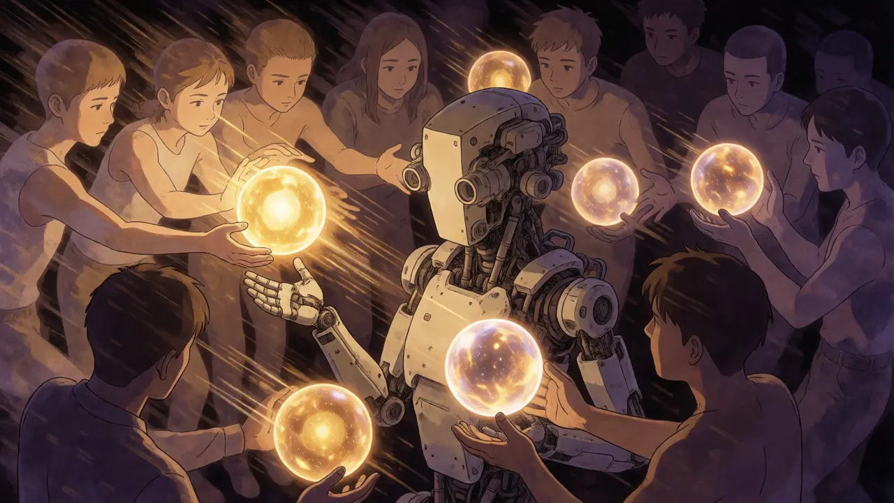 Ghostly figures ranking glowing response orbs in a digital void during reinforcement learning from human feedback.