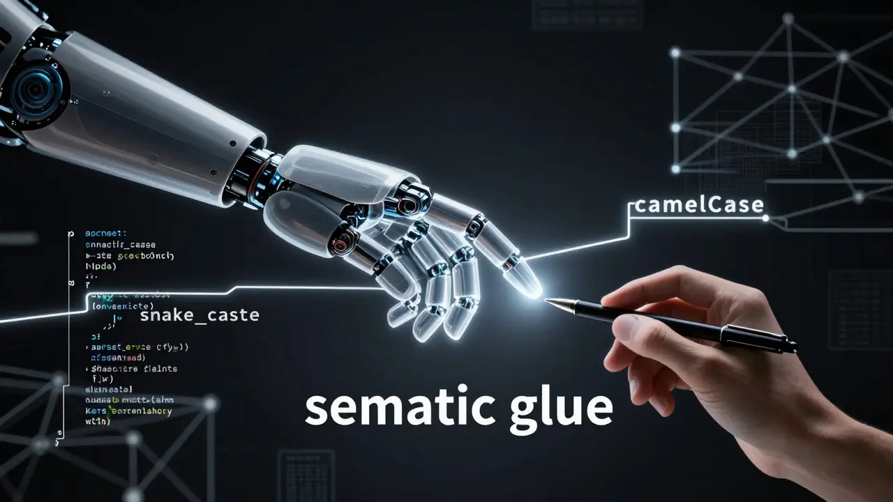 Human and AI hands connected by structured code bridge