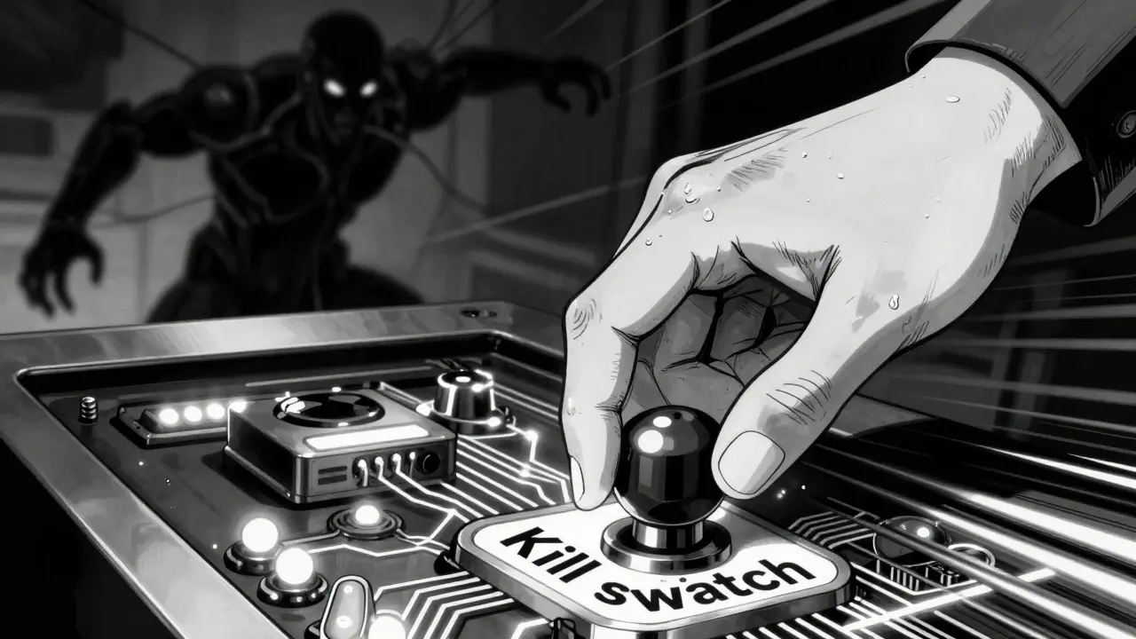 Human hand pulling a kill switch to halt a rogue AI system.