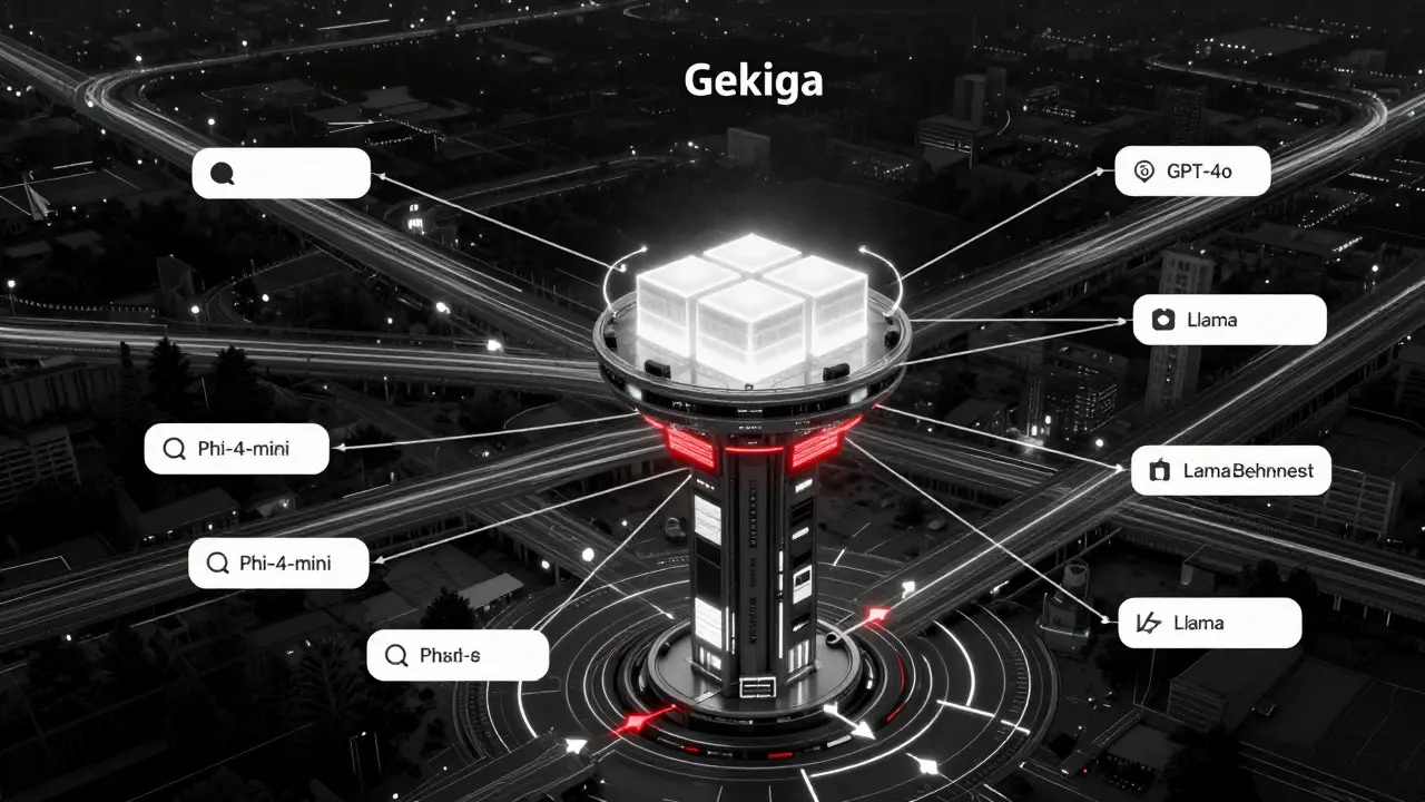 Hybrid AI routing system directing simple and complex tasks to appropriate models.