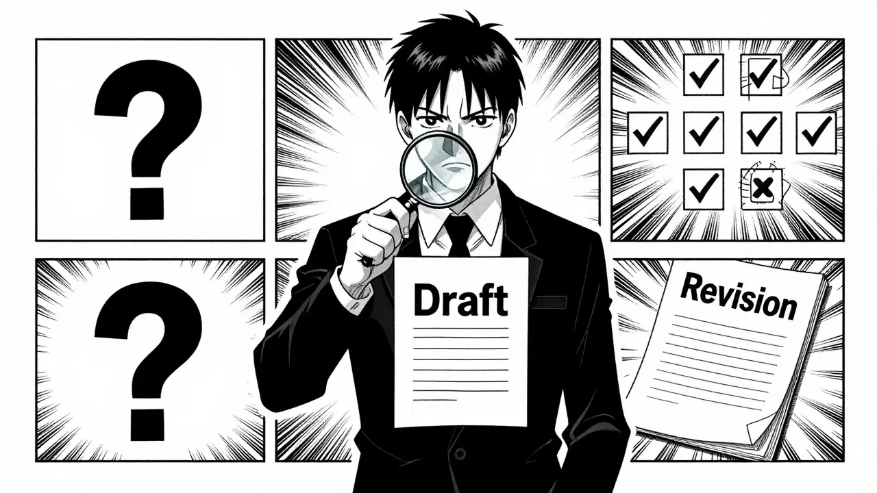 Manga editor scrutinizing a draft document with verification tools