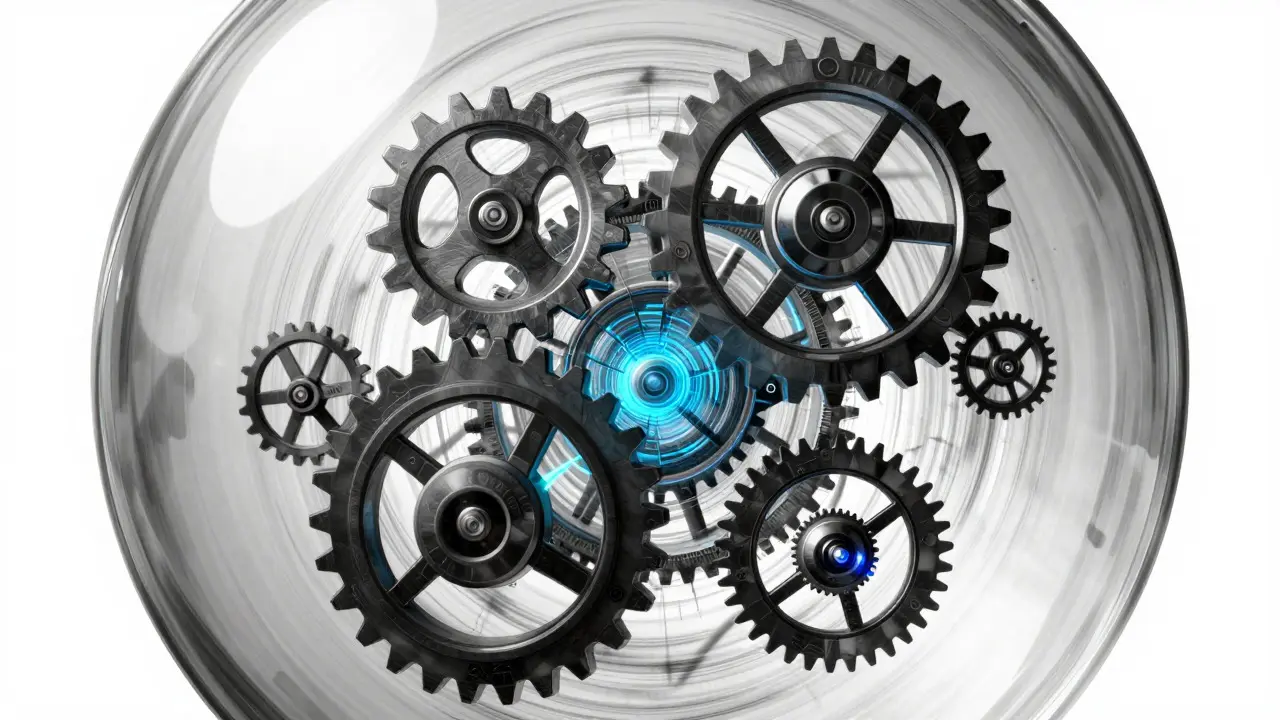 Manga style rotating neural network gears aligning precisely