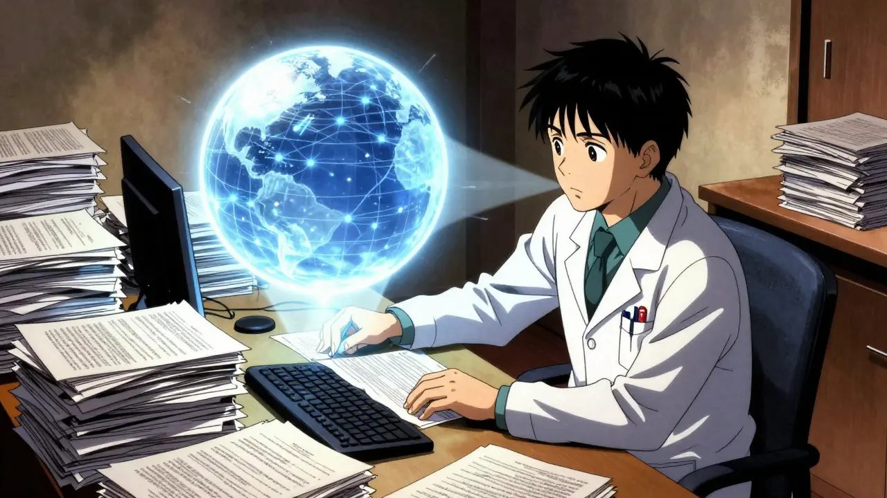 Medical writer aided by an AI orb organizing documents