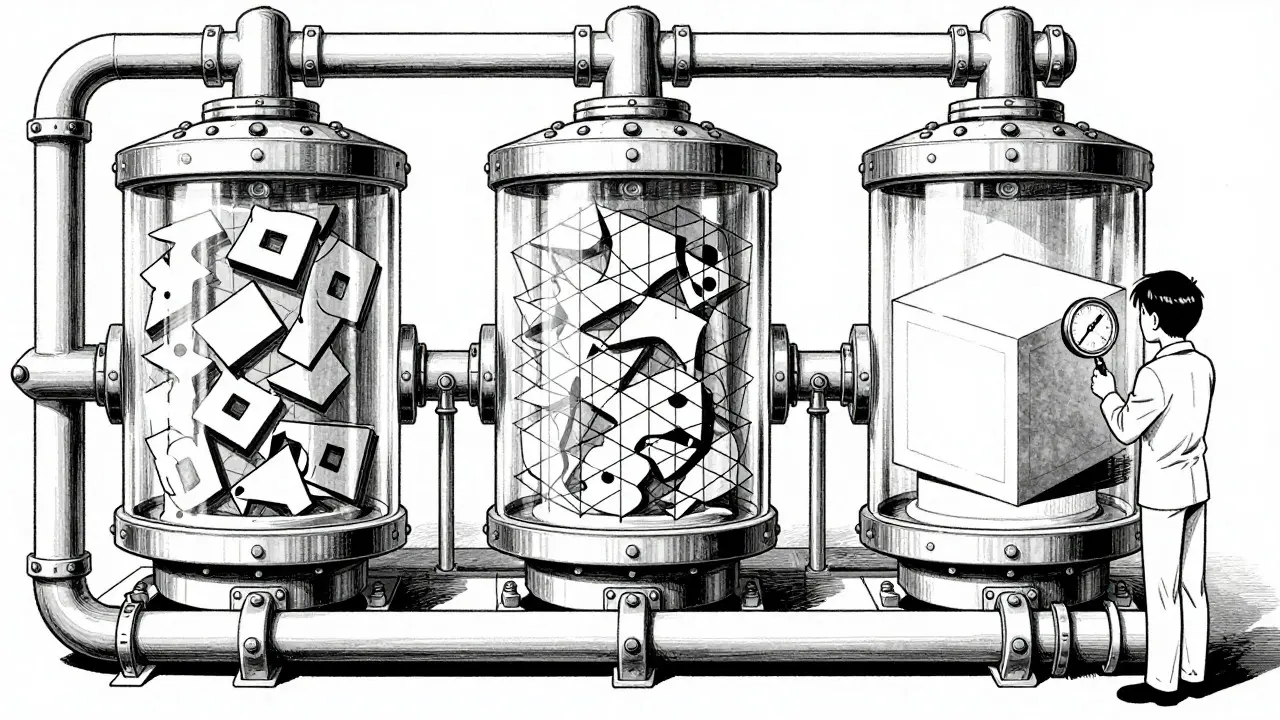 Orderly pipeline of three mechanical chambers with a technician inspecting checks