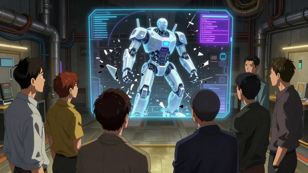 Professionals observe a holographic robot breaking apart in a futuristic simulation lab