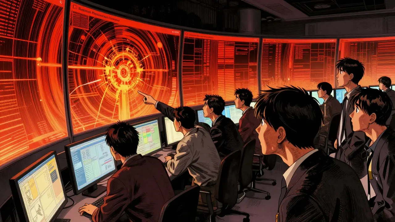 Security analysts react to a data breach on large screens in a chaotic control room