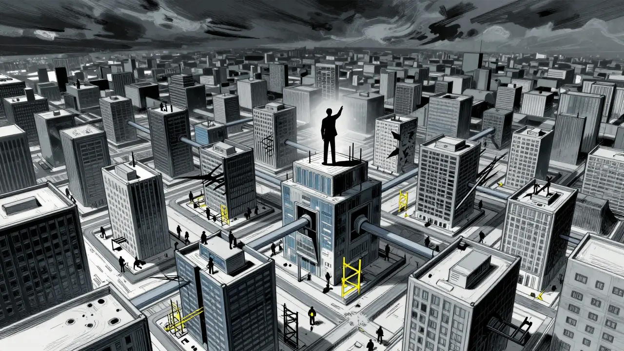 Software Architect overseeing a complex cityscape metaphor for system structure in anime style