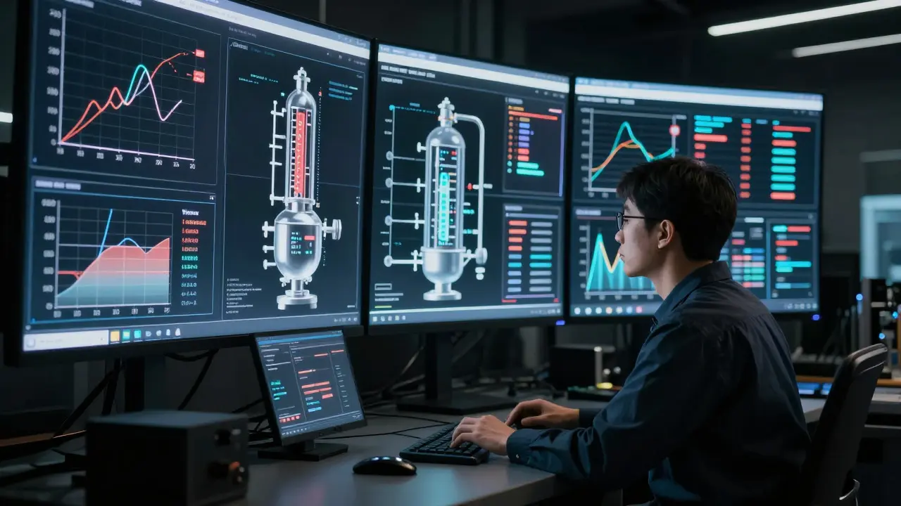 Technician monitoring AI distillation process in Gekiga style