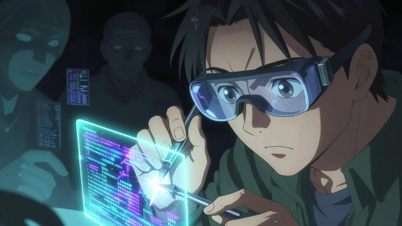 Verification Engineer inspecting code artifacts with futuristic tools in a dark, detailed illustration